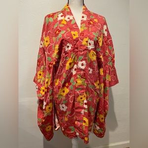 Vintage Japanese Floral Haori Midi Kimono Red XL